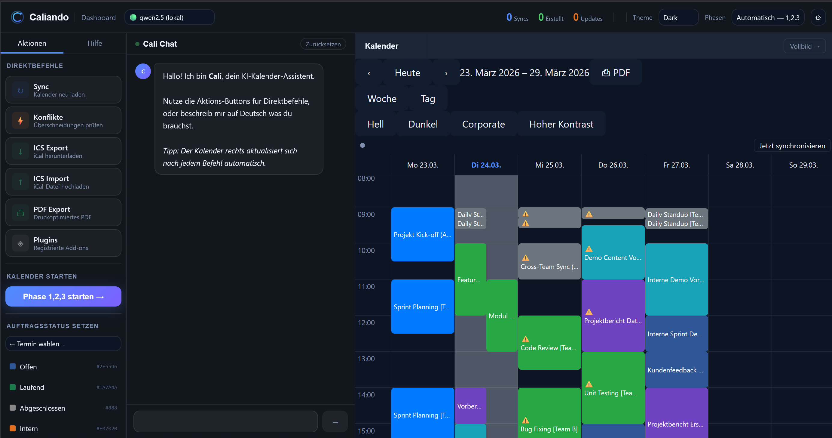 Caliando Dashboard mit Cali KI-Assistent, Team-Kalender und Direktbefehlen